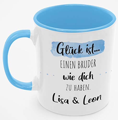 Personalisierte Kaffee-Tasse (Glück ist...) mit eigenen Wunschname. Für die Beste Freundin, Opa, Oma, Mama, Papa. Schönes Geschenk oder kleine Aufmerksamkeit | Muttertag (Bester Bruder #2, Blau/Blau) von TASSENPALAST