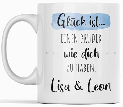 Personalisierte Kaffee-Tasse (Glück ist...) mit eigenen Wunschname. Für die Beste Freundin, Opa, Oma, Mama, Papa. Schönes Geschenk oder kleine Aufmerksamkeit | Muttertag (Bester Bruder #2, Weiß/Blau) von TASSENPALAST