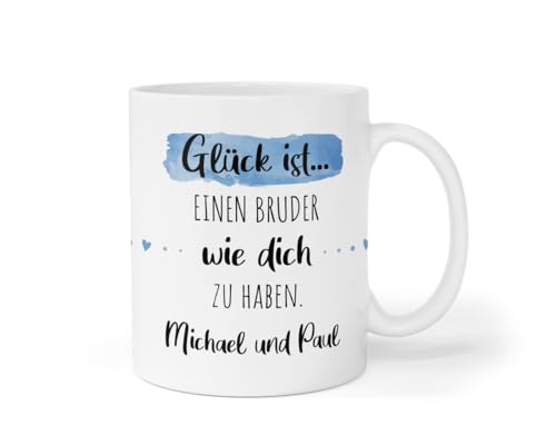 Personalisierte Kaffee-Tasse (Glück ist...) mit eigenen Wunschname. Für die Beste Freundin, Opa, Oma, Mama, Papa. Schönes Geschenk oder kleine Aufmerksamkeit | Muttertag (Bester Bruder #2, Weiß/Blau) von TASSENPALAST