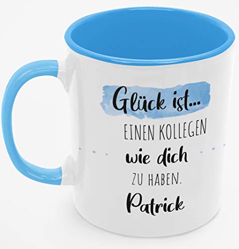 Personalisierte Kaffee-Tasse (Glück ist...) mit eigenen Wunschname. Für die Beste Freundin, Opa, Oma, Mama, Papa. Schönes Geschenk oder kleine Aufmerksamkeit | Muttertag (Bester Kollege #2, Blau/Blau) von TASSENPALAST
