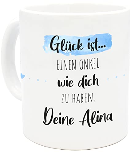 Personalisierte Kaffee-Tasse (Glück ist...) mit eigenen Wunschname. Für die Beste Freundin, Opa, Oma, Mama, Papa. Schönes Geschenk oder kleine Aufmerksamkeit | Muttertag (Bester Onkel #2, Weiß/Blau) von TASSENPALAST