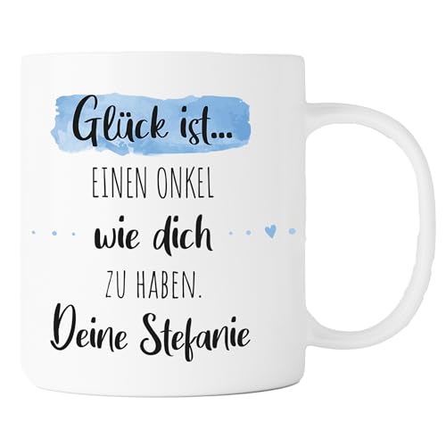Personalisierte Kaffee-Tasse (Glück ist...) mit eigenen Wunschname. Für die Beste Freundin, Opa, Oma, Mama, Papa. Schönes Geschenk oder kleine Aufmerksamkeit | Muttertag (Bester Onkel #2, Weiß/Blau) von TASSENPALAST