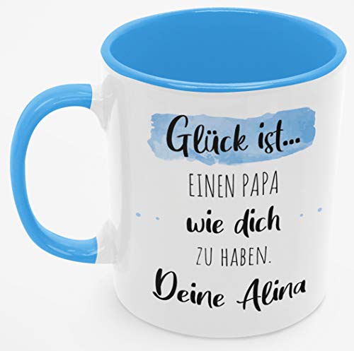 Personalisierte Kaffee-Tasse (Glück ist...) mit eigenen Wunschname. Für die Beste Freundin, Opa, Oma, Mama, Papa. Schönes Geschenk oder kleine Aufmerksamkeit | Muttertag (Bester Papa #2, Blau/Blau) von TASSENPALAST