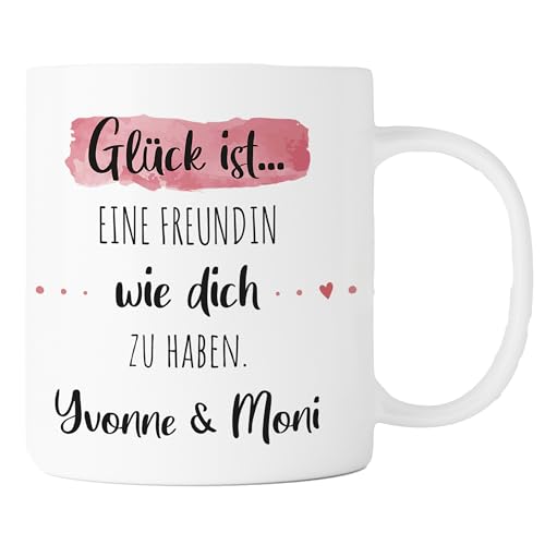 Personalisierte Kaffee-Tasse (Glück ist...) mit eigenen Wunschname. Für die Beste Freundin, Opa, Oma, Mama, Papa. Schönes Geschenk oder kleine Aufmerksamkeit | Muttertag (Beste Freundin, Weiß/Rosa) von TASSENPALAST