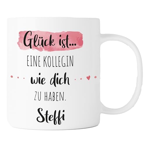 Personalisierte Kaffee-Tasse (Glück ist...) mit Name. Für die Beste Freundin, Opa, Oma, Mama, Papa. Schönes Geschenk oder kleine Aufmerksamkeit | Büro (Glück ist... Kollegin, weiße Tasse) von TASSENPALAST