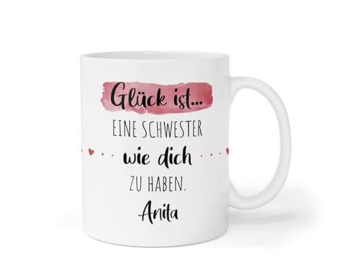 Personalisierte Kaffee-Tasse (Glück ist...) mit Wunschname | Für die Beste Freundin, Opa, Oma, Mama, Papa. Schönes Geschenk oder kleine Aufmerksamkeit | Muttertag (Schwester, Weiß) von TASSENPALAST