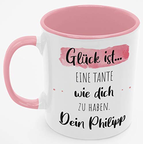 Personalisierte Kaffee-Tasse (Glück ist...) mit eigenen Wunschname. Für die Beste Freundin, Opa, Oma, Mama, Papa. Schönes Geschenk oder kleine Aufmerksamkeit | Muttertag (Beste Tante #2, Rosa/Rosa) von TASSENPALAST