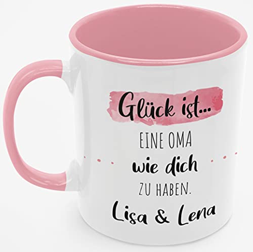Personalisierte Kaffee-Tasse (Glück ist...) mit eigenen Wunschname. Für die Beste Freundin, Opa, Oma, Mama, Papa. Schönes Geschenk oder kleine Aufmerksamkeit | Muttertag (Beste Oma #2, Rosa/Rosa) von TASSENPALAST