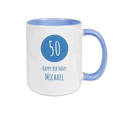 Personalisierte Kaffee Tasse mit eigenem Wunschnamen zum runden Geburtstag | Keramik | Camebridge Blue - 50. Geburtstag von TASSENPALAST