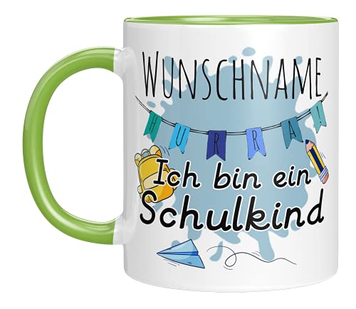 Personalisierte Einschulungs Tasse mit Spruch "Hurra.Ich bin ein Schulkind + deinem Wunschnamen" - Geschenke zur Einschulung - Einschulungsgeschenk Jungen - Geschenkideen Schultüte (Grün) von TassenTicker