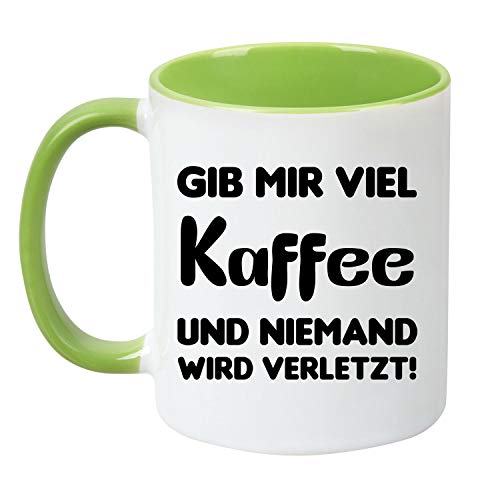 TassenTicker® "Gib Mir viel Kaffee und niemand Wird verletzt. - beidseitig Bedruckt - Kaffeetasse - Arbeit - Büro - Geschenkidee (hellgrün) von TASSENTICKER