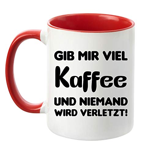 TassenTicker® "Gib Mir viel Kaffee und niemand Wird verletzt. - beidseitig Bedruckt - Kaffeetasse - Arbeit - Büro - Geschenkidee (rot) von TASSENTICKER