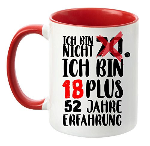 TassenTicker® - ''Ich bin nicht 70. Ich Bin 18 Plus 52 Jahre Erfahrung.'' - Geschenk Tasse - hochwertige Qualität - Kaffee - Geburtstags-Tasse (Rot) von TassenTicker