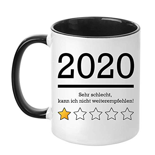 TASSENTICKER - "2020 - Sehr schlecht, kann ich Nicht weiterempfehlen! - beidseitig Bedruckt - lustig- Geschenk - Geschenkidee - Sterne - Bewertung - Kaffeetasse (Schwarz) von TASSENTICKER