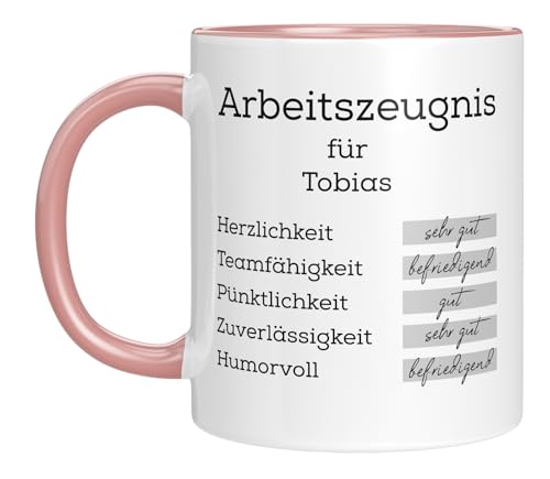 TassenTicker - Arbeitszeugnis im Urkundenstil - personalisierte Tasse - Abschiedsgeschenk - Dankeschön - Erzieher, Lehrer, Arbeitskollege - Abschied - Geschenk - Keramik - Rosa von TassenTicker