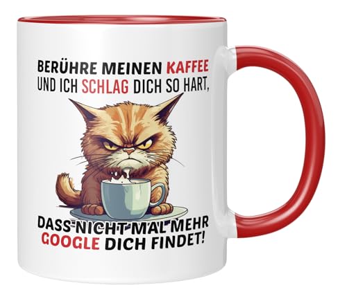 TASSENTICKER - Berühre meinen Kaffee und ich schlag dich so hart - Becher für die Arbeit - Büro - Job - Arbeitskollegen - Geschenk - launisch - Katze - Rot von TASSENTICKER