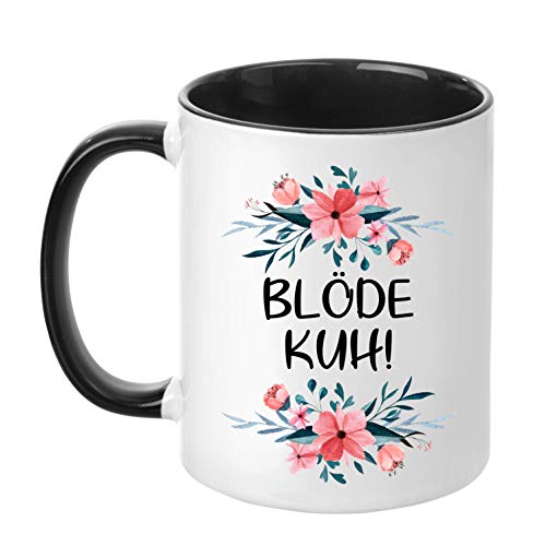 TassenTicker - ''Blöde Kuh!'' - Kaffeetasse - Blumen - Geschenk - lustige Tasse (Schwarz) von TassenTicker