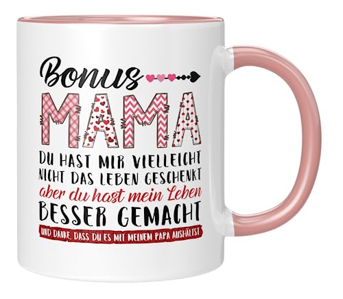 TassenTicker - Bonus Mama, du hast mir vielleicht - Geschenk für die Stiefmama - Geburtstag - Geburtstagsgeschenk - für die Stiefmutter - Muttertag - Weihnachten - Geburtstag (Rosa) von TassenTicker