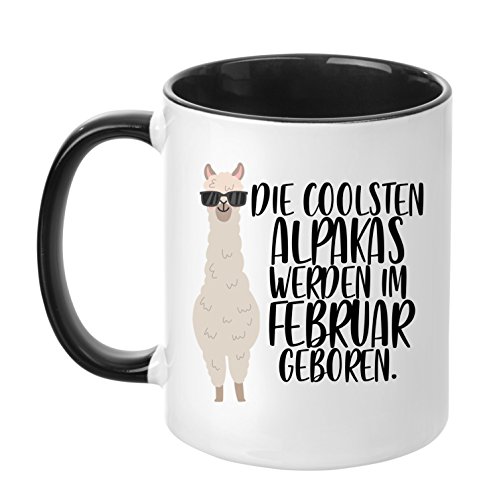 TassenTicker - ''Die coolsten Alpakas werden im Februar geboren'' -Geburtstags Tasse - hochwertige Qualität - Geschenke - Alpaka - Schwarz (Februar) von TassenTicker