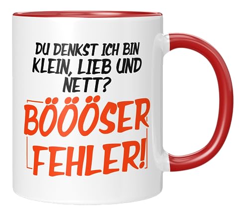 TassenTicker - Du denkst ich bin klein, lieb und Nett? Böööser Fehler! - Kaffeetasse - Tasse für kleine freche Menschen - Geburtstagsgeschenk - Geschenkidee - Geschenk - lustig - Rot von TassenTicker