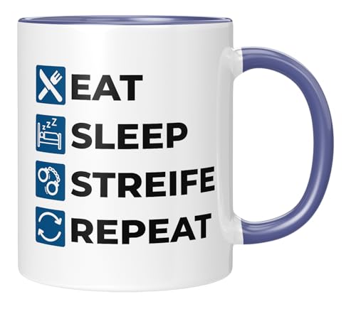TASSENTICKER - Eat Sleep Streife Repeat - lustige Tasse als Geschenk - Kollegen - Beruf - Dankeschön - Witzig - Geburtstagsgeschenk - blau von TASSENTICKER
