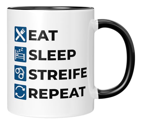 TASSENTICKER - Eat Sleep Streife Repeat - lustige Tasse als Geschenk - Kollegen - Beruf - Dankeschön - Witzig - Geburtstagsgeschenk - schwarz von TASSENTICKER