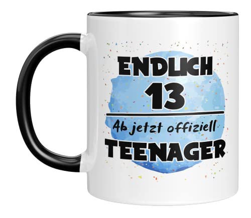 TassenTicker - Endlich 13. Ab jetzt offiziell Teenager - Kaffeetasse - Geburtstag - Junge - Dreizehn - Geschenkidee - Geschenk - Geburtstagsgeschenk (Schwarz), TT002 von TassenTicker