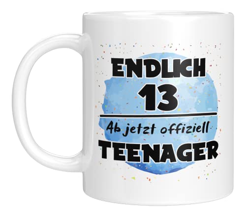 TassenTicker - Endlich 13. Ab jetzt offiziell Teenager - Kaffeetasse - Geburtstag - Junge - Dreizehn - Geschenkidee - Geschenk - Geburtstagsgeschenk (Weiss) von TassenTicker