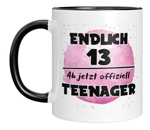 TassenTicker - Endlich 13. Ab jetzt offiziell Teenager - Kaffeetasse - Geburtstag - Mädchen - Dreizehn - Teenagerin - Geschenkidee - Geschenk - (Schwarz) von TassenTicker