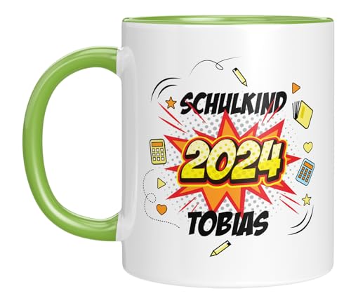 TASSENTICKER - Endlich Schulkind - personalisierte Kindertasse mit Wunschnamen - Geschenk zur Einschulung für Jungen - Schulkind 2024 - cooles Motiv - kleines Geschenk für Erstklässler - Grün von TASSENTICKER