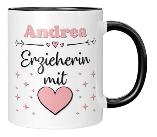 TASSENTICKER - Erzieherin mit Herz - Personalisierte Kaffeetasse - Geschenk Kinderbetreuung - Kindergarten - Dankeschön - Wunschnamen - schwarz von TASSENTICKER