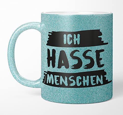 TassenTicker Glitzertasse mit Spruch Ich hasse Menschen - KaffeeTasse - Glitzer - lustig - Kaffeebecher geschenke für Arbeit - Hellblau - beidseitig bedruckt (Hellblau) von TassenTicker