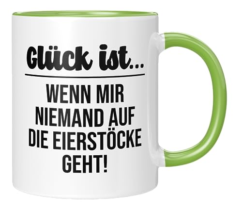 TassenTicker - Glück ist, wenn mir niemand auf die Eierstöcke geht! - Kaffeetasse - Tasse mit Spruch - Geschenk für Freundin, Frau - lustig, witzig - Arbeit - Büro - Geburtstagsgeschenk - Grün von TassenTicker