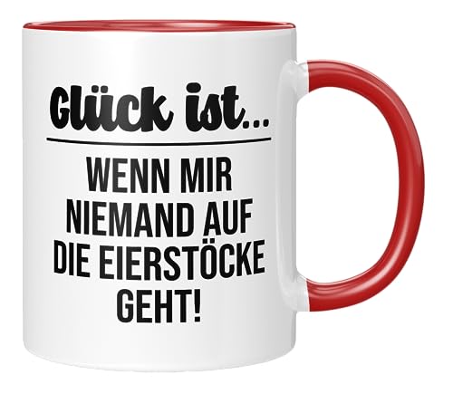 TassenTicker - Glück ist, wenn mir niemand auf die Eierstöcke geht! - Kaffeetasse - Tasse mit Spruch - Geschenk für Freundin, Frau - lustig, witzig - Arbeit - Büro - Geburtstagsgeschenk - Rot von TassenTicker