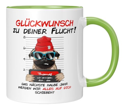 TassenTicker - Glückwunsch zu deiner Flucht - Abschiedsgeschenk - Abschied - Kollegen - Tasse mit Spruch - jobwechsel - Dankeschön - Personalisiert - Grün von TassenTicker