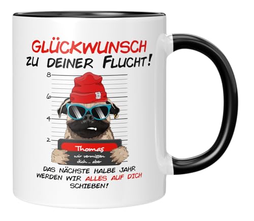 TassenTicker - Glückwunsch zu deiner Flucht - Abschiedsgeschenk - Abschied - Kollegen - Tasse mit Spruch - jobwechsel - Dankeschön - Personalisiert - Schwarz von TassenTicker