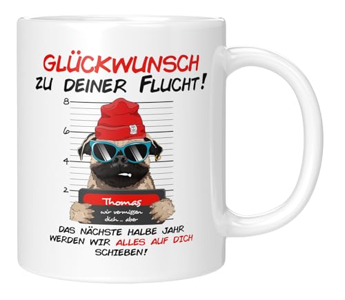TassenTicker - Glückwunsch zu deiner Flucht - Abschiedsgeschenk - Abschied - Kollegen - Tasse mit Spruch - jobwechsel - Dankeschön - Personalisiert - Weiss von TassenTicker