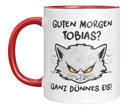 TASSENTICKER - Guten Morgen - personalisierte Tasse mit Namen - Kaffeebecher mit Spruch - Ganz dünnes Eis - Geschenkidee - Morgenmuffel - Geburtstagsgeschenk - Rot von TASSENTICKER