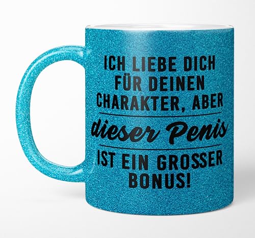 TassenTicker - Ich liebe dich für deinen Charakter aber dieser P - lustige Tasse für Paare - Kaffeetasse - Geschenkidee - Geschenke - Glitzertasse - für den Freund - Männer - Mann (Blau) von TassenTicker