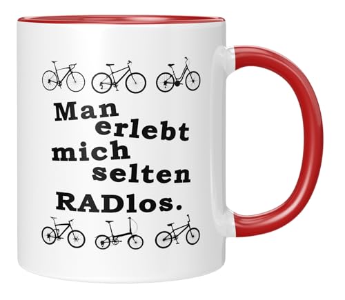 TASSENTICKER - Man erlebt mich selten Radlos - Tasse mit Spruch - Fahrradliebhaber - Geschenk für Biker - Fahrrad - Für Männer Frauen - Beidseitig bedruckt - Rot von TASSENTICKER