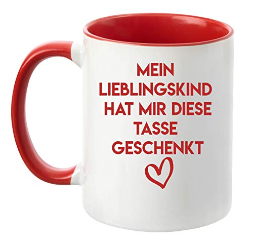 TassenTicker - ''Mein Lieblingskind hat mir diese Tasse geschenkt'' - beidseitig Bedruckt - Tasse - Kaffeetasse - Kaffeebecher - lustig - Geschenk - Arbeit (Weiss) (Rot) von TassenTicker