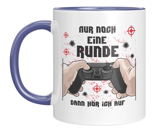 TASSENTICKER - Nur noch eine Runde - dann hör ich auf - Tasse - Gamer - Kaffeebecher - Controller - Motiv - lustiger Spruch - Zocker - Geschenkidee - Blau von TASSENTICKER