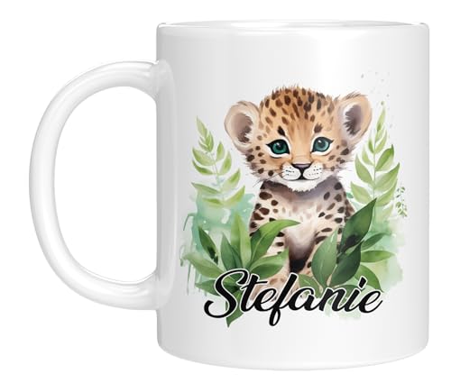 TASSENTICKER - Personalisierte Kindertasse mit Namen - mit Tieren - für Jungen & Mädchen - Tasse - Geschenk - Geburtstagsgeschenk - Namensgeschenke - Keramik - 330 ML (Gepard) von TASSENTICKER