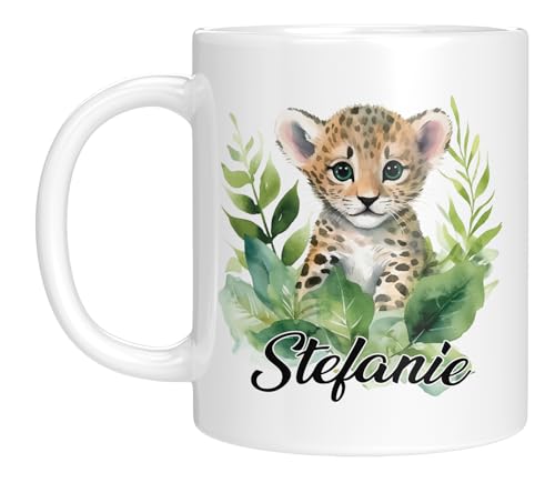 TassenTicker - Personalisierte Kindertasse mit Namen - mit Tieren - für Jungen & Mädchen - Tasse - Geschenk - Geburtstagsgeschenk - Namensgeschenke - Keramik - 330 ML (Leopard) von TassenTicker