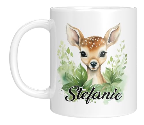 TassenTicker - Personalisierte Kindertasse mit Namen - mit Tieren - für Jungen & Mädchen - Tasse - Geschenk - Geburtstagsgeschenk - Namensgeschenke - Keramik - 330 ML (Reh) von TassenTicker