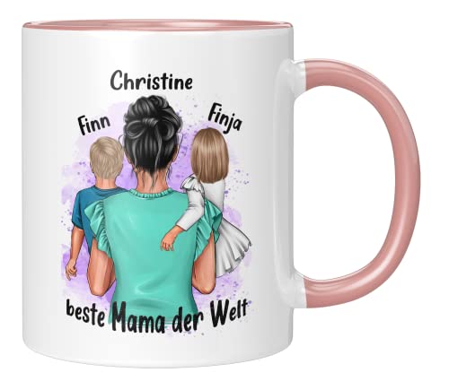 TASSENTICKER - Personalisierte Tasse - Mama - Tochter - Sohn - Muttertag - Muttertagsgeschenk - Geburtstag - Beste Mama - Geschenk - Mamaspruch (2 Kinder Rosa) von TASSENTICKER