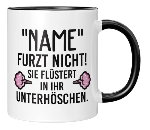 TassenTicker - Personalisierte Tasse - ''Name'' furzt nicht - Geschenk für sie - lustig - Ehefrau - lustige Geschenke für frauen - Büro - Becher - Damen - Geburtstagsgeschenk - Freundin (Schwarz) von TassenTicker