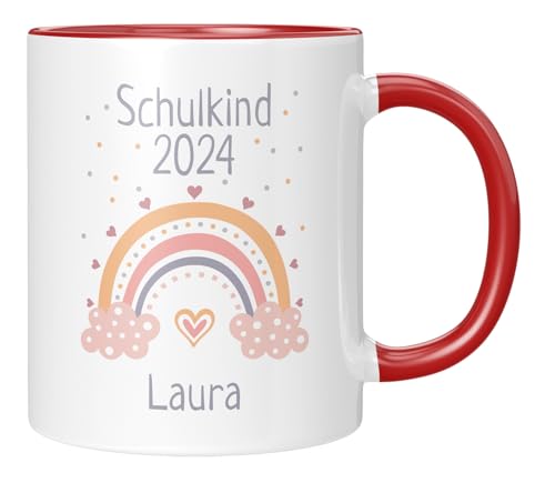 TassenTicker - Tasse Schulkind 2024 mit Namen - Personalisiert - Einschulung - Geschenke - Regenbogen - Geschenk für Erstklässler - Schule - Grundschule - Geschenkidee - Schulbeginn (Rot) von TassenTicker