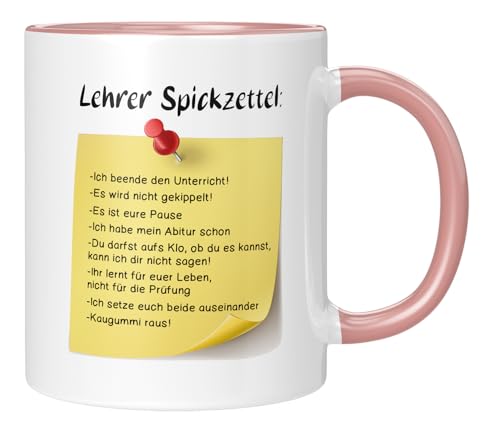 TASSENTICKER - Tasse für Lehrer, Lehrerin - Spickzettel - lustige Kaffeetasse als Geschenk verschenken - Schule - Witzig - Geschenkidee - Schüler - rosa von TASSENTICKER