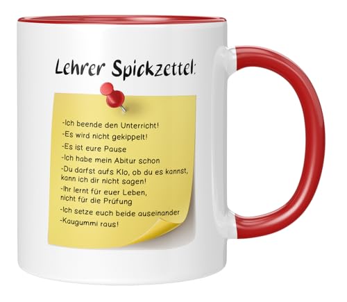 TASSENTICKER - Tasse für Lehrer, Lehrerin - Spickzettel - lustige Kaffeetasse als Geschenk verschenken - Schule - Witzig - Geschenkidee - Schüler - rot von TASSENTICKER